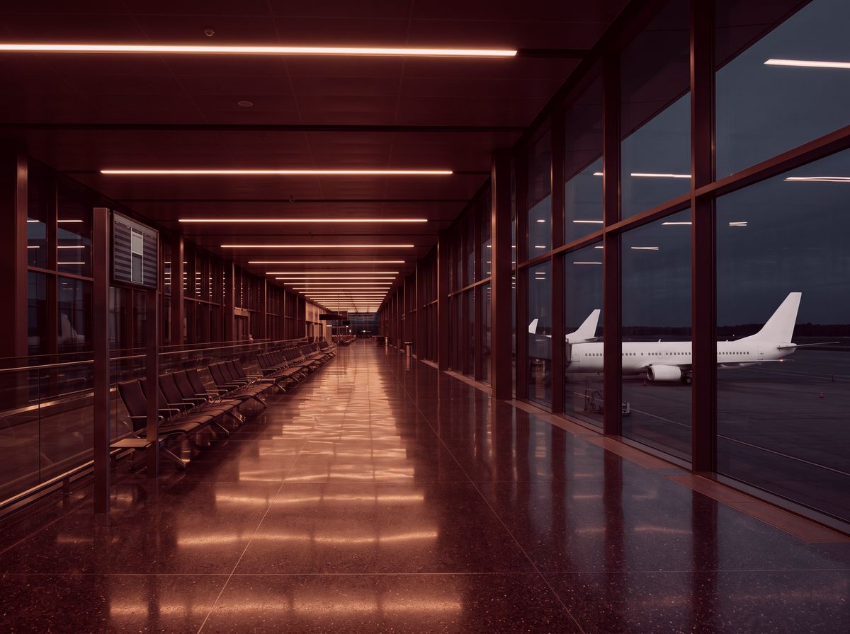 An airport terminal concourse with linear ceiling lighting
