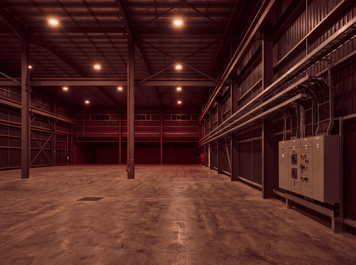 An industrial unit with high bay lighting and a distribution panel