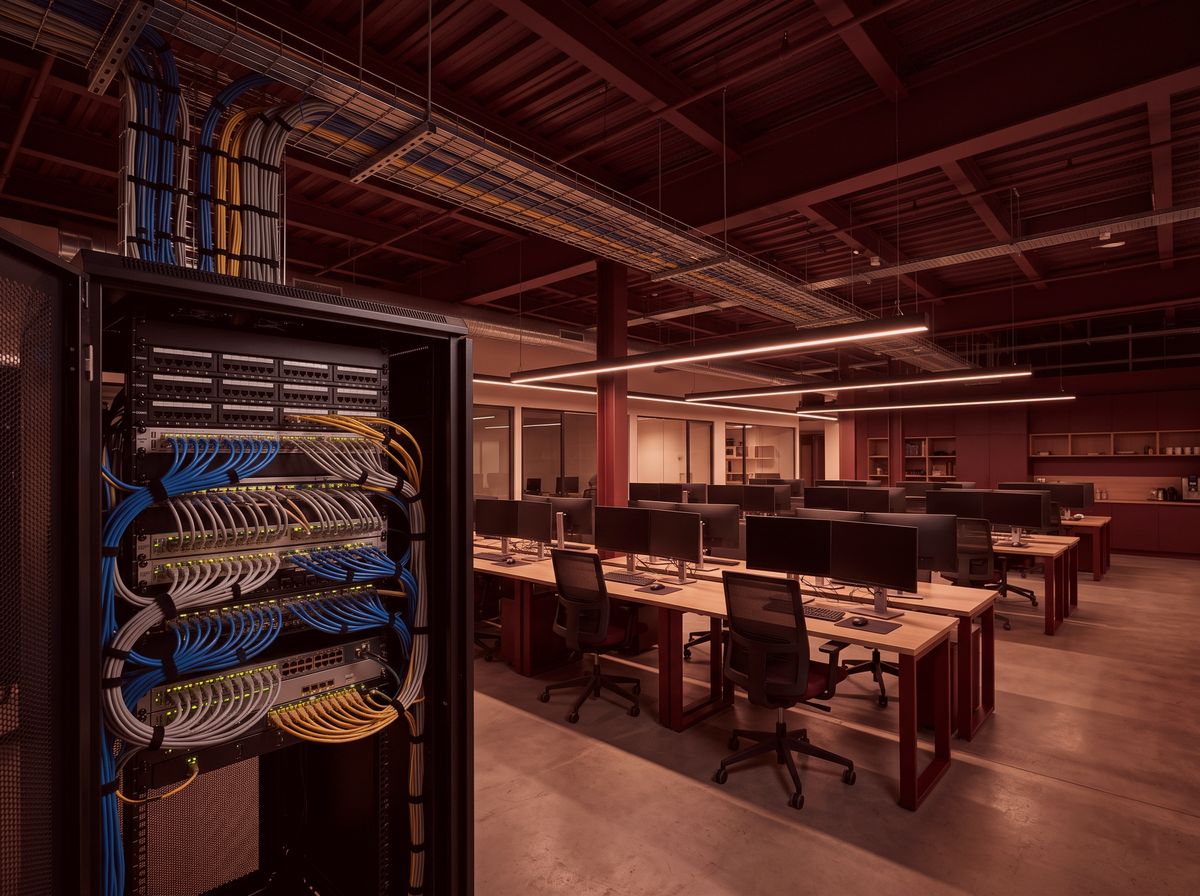 An open-plan office with a data cabinet and cable tray