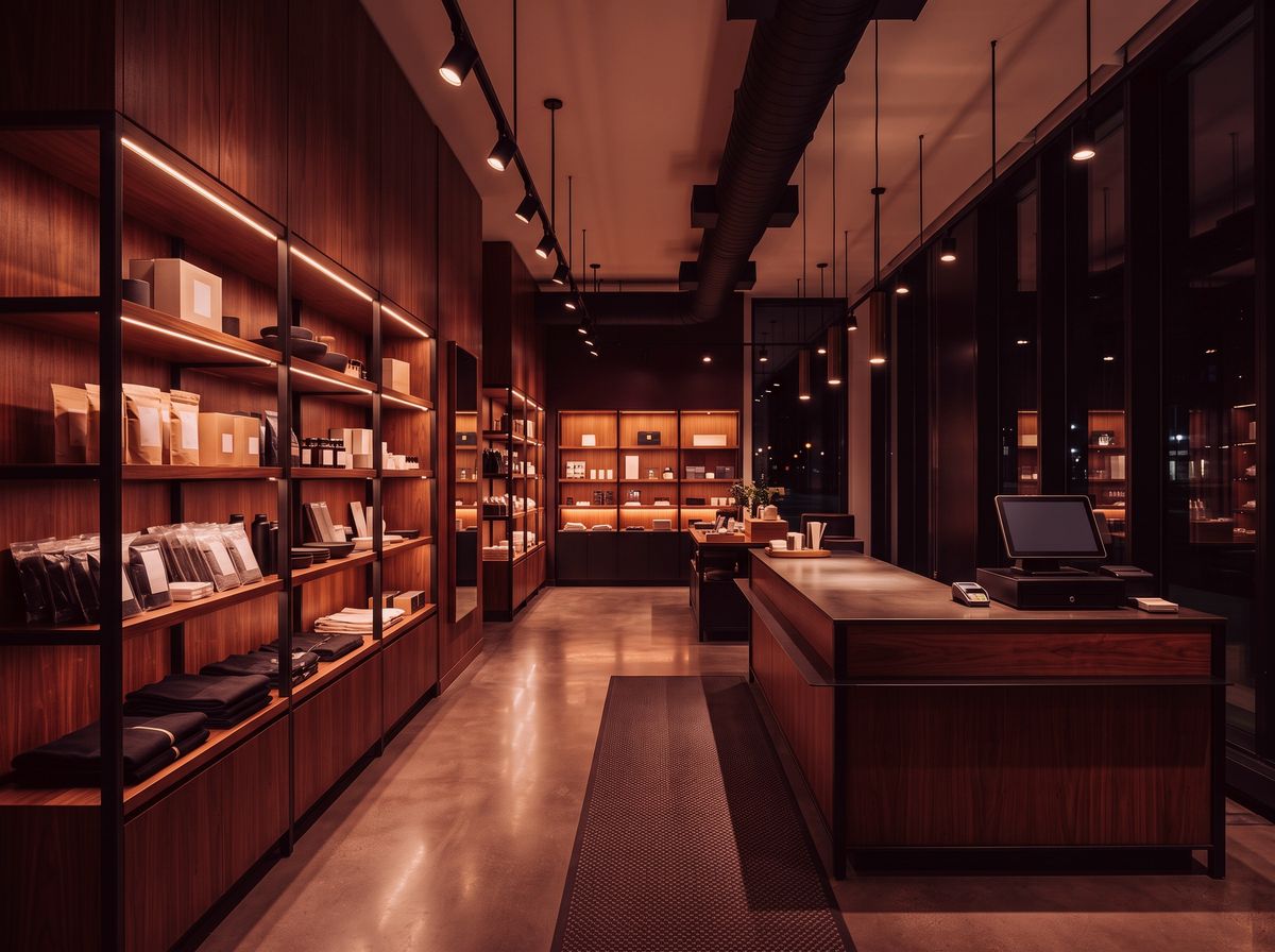 A retail shop interior lit by warm spotlights