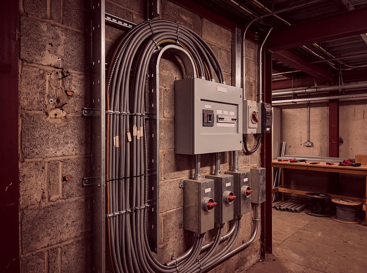 Armoured cables on cable ladder feeding a distribution board in an industrial unit