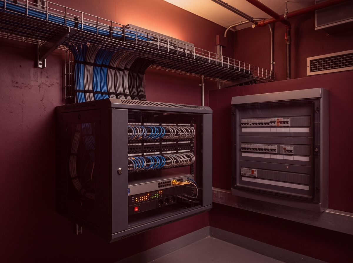 Office comms room with a data cabinet and distribution board